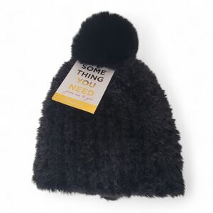 NWT Studio Faux Fur Beanie Women's Black Winter Hat Pom Warm Outdoors Stretch